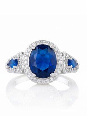 Oval Lab-Grown Blue Sapphire  Diamond Halo Engagement Ring - 925 Sterling Silver